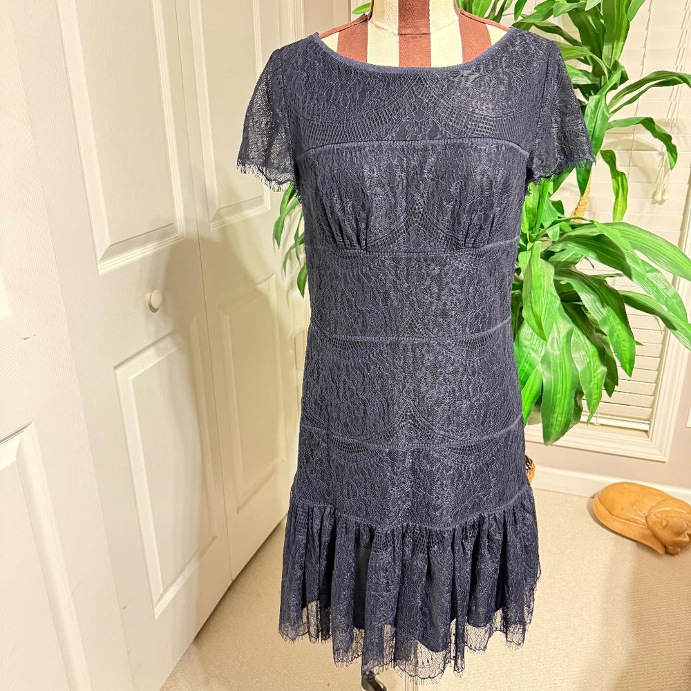 MAGASCHONI Navy Blue Lace Dress Women's 6 Sheath Cocktail Party Whimsigoth Fairy